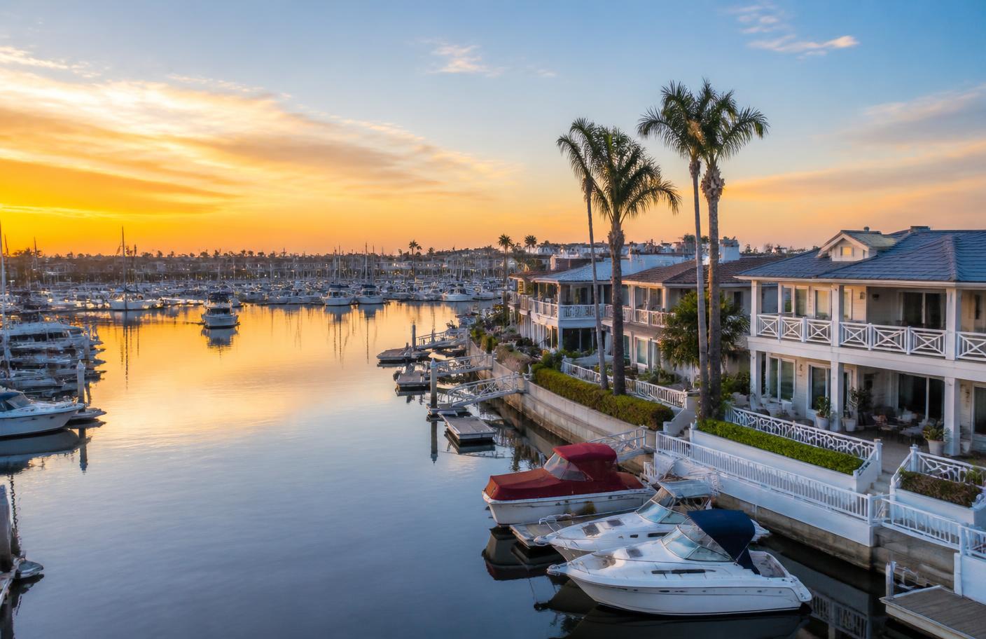 Huntington Harbour at golden hour with waterfront homes and docked boats